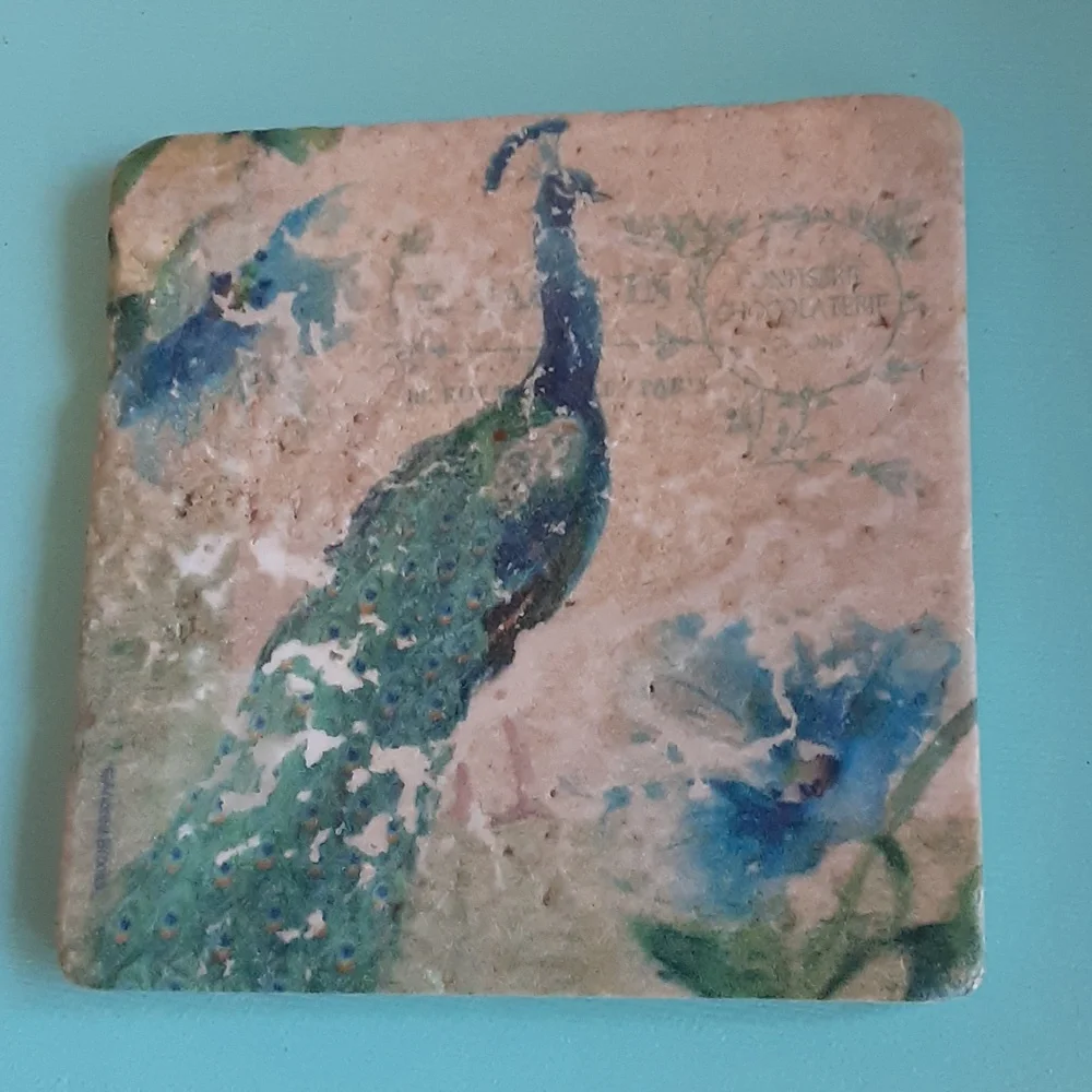Peacock Image on 4"x4" natural stone coaster, set, walnut holder, cream blu/gr - Picture 7 of 14